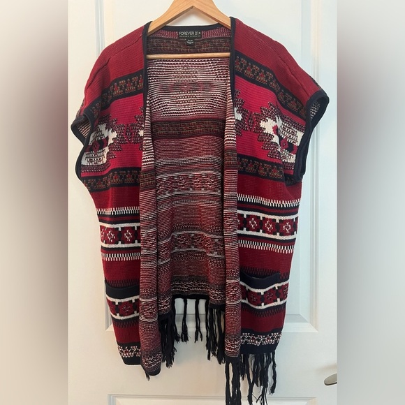Forever 21 Tribal Knit Fringe Cardigan Vest - Burgundy/Black - Picture 1 of 4